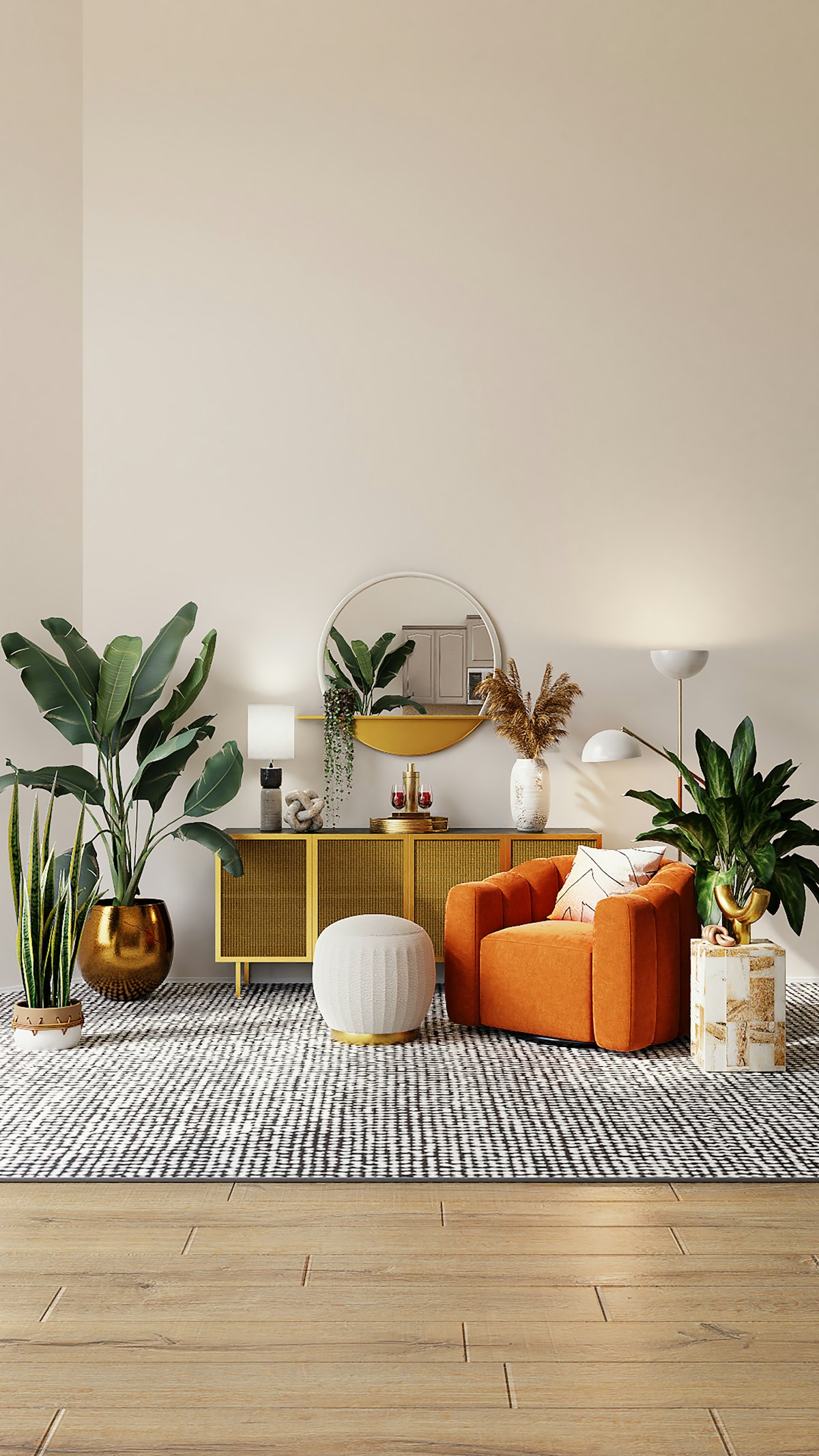 Modern living room with a wooden table between sofa and armchair